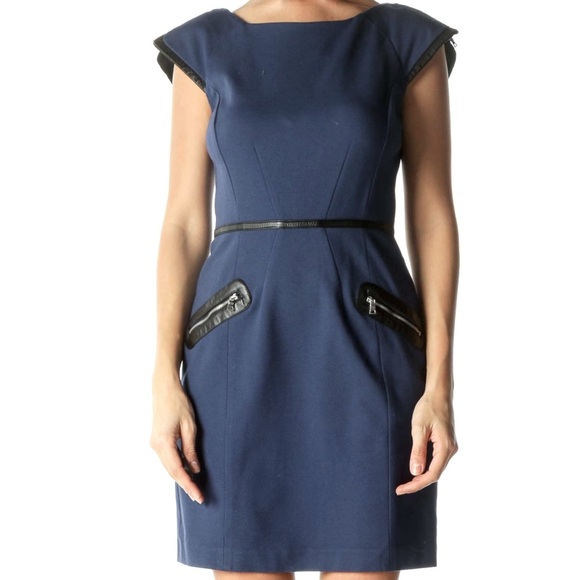 Worthington Dress Size 4 Navy Blue, Brown Faux Leather Trim Slimming Dress NWT - Picture 1 of 14